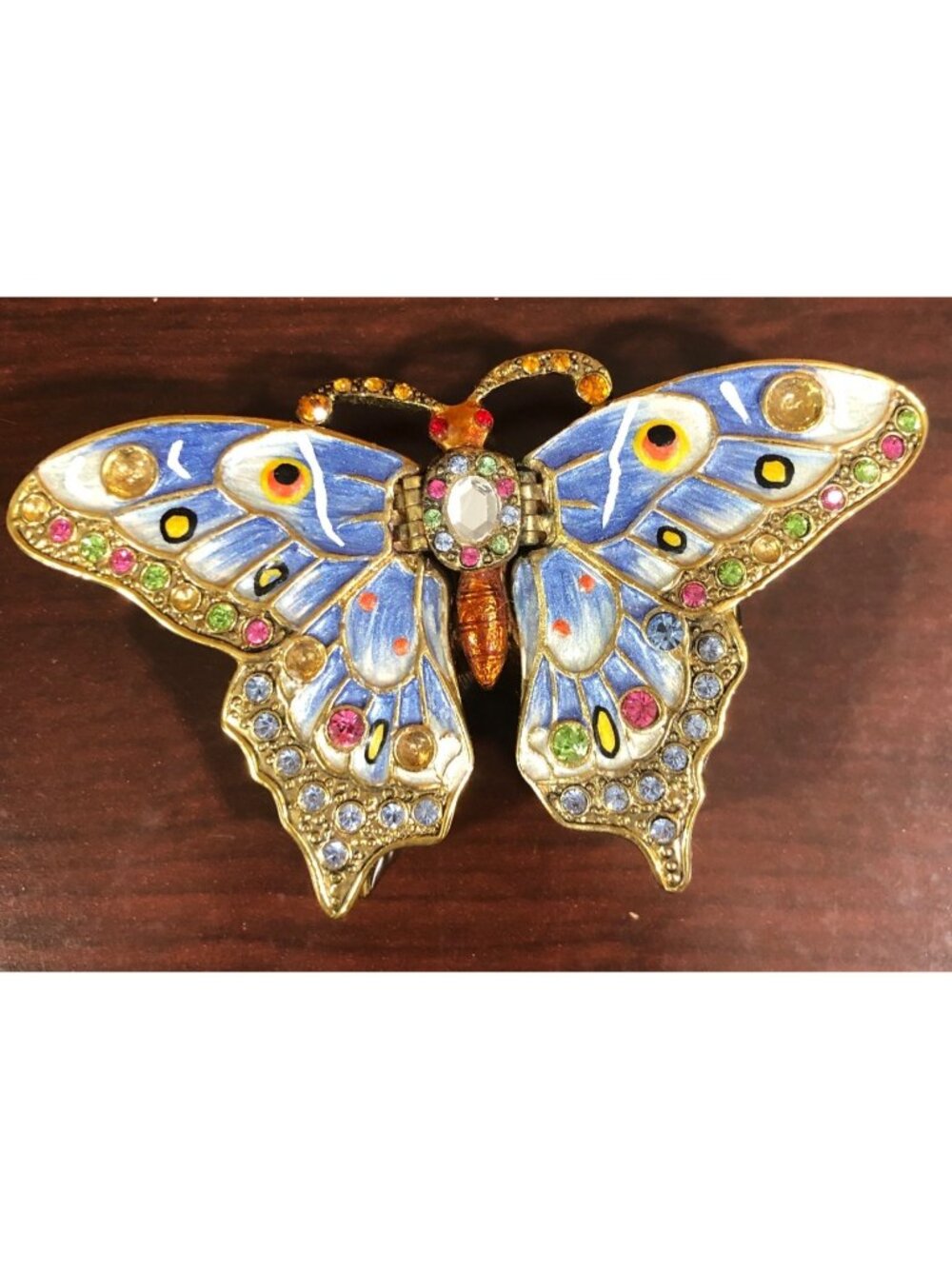 Kingspoint Jeweled Butterfly Trinket Box Hinged Lid Rhinestone Gold Metal